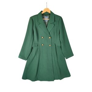 ModCloth Peacoat Large Green Double Breasted Pleated Fit and Flare Mid Length